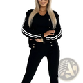 Black women’s varsity button up jogger set jacket with white striped sleeves and front placket in a three piece suit