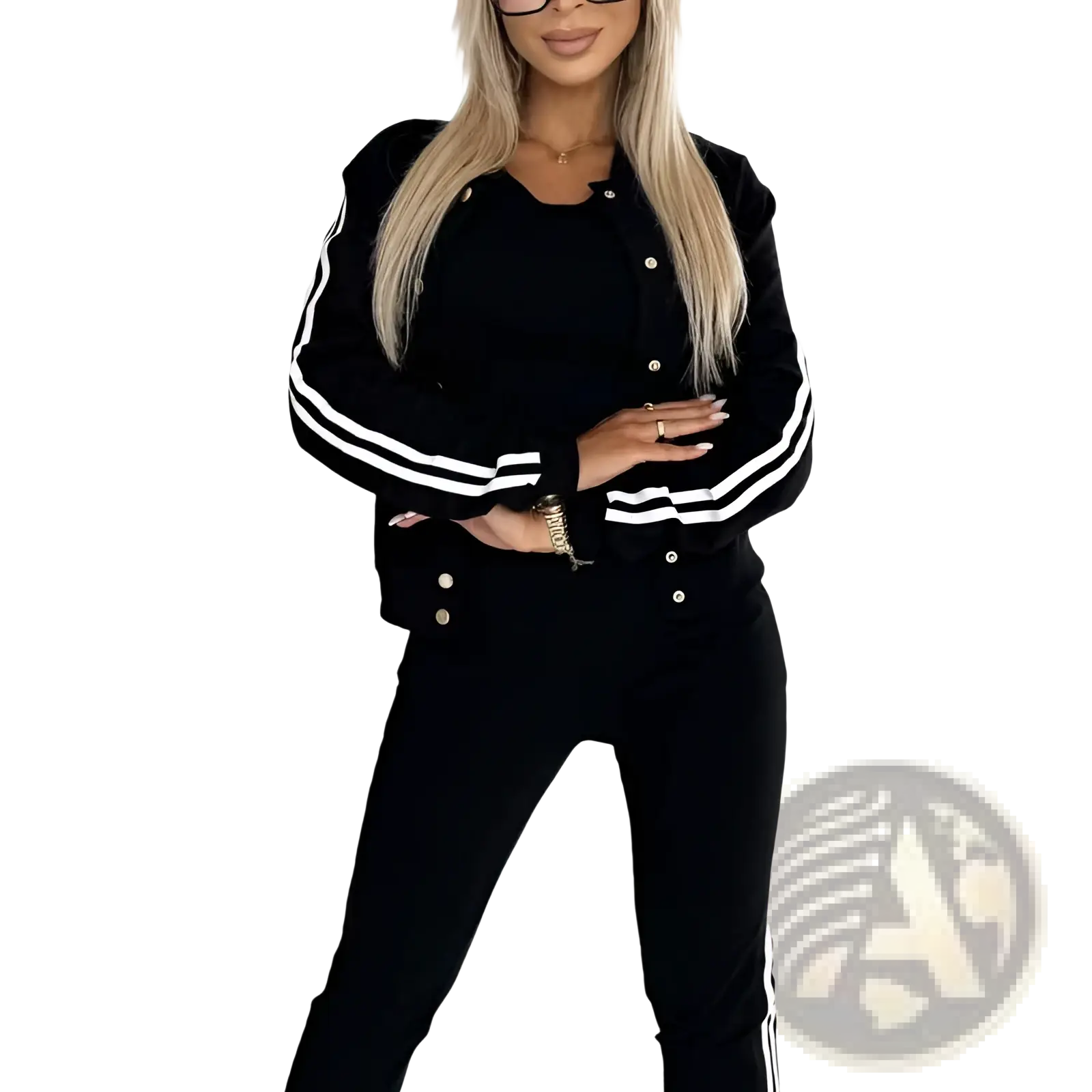 Black women’s varsity button up jogger set jacket with white striped sleeves and front placket in a three piece suit
