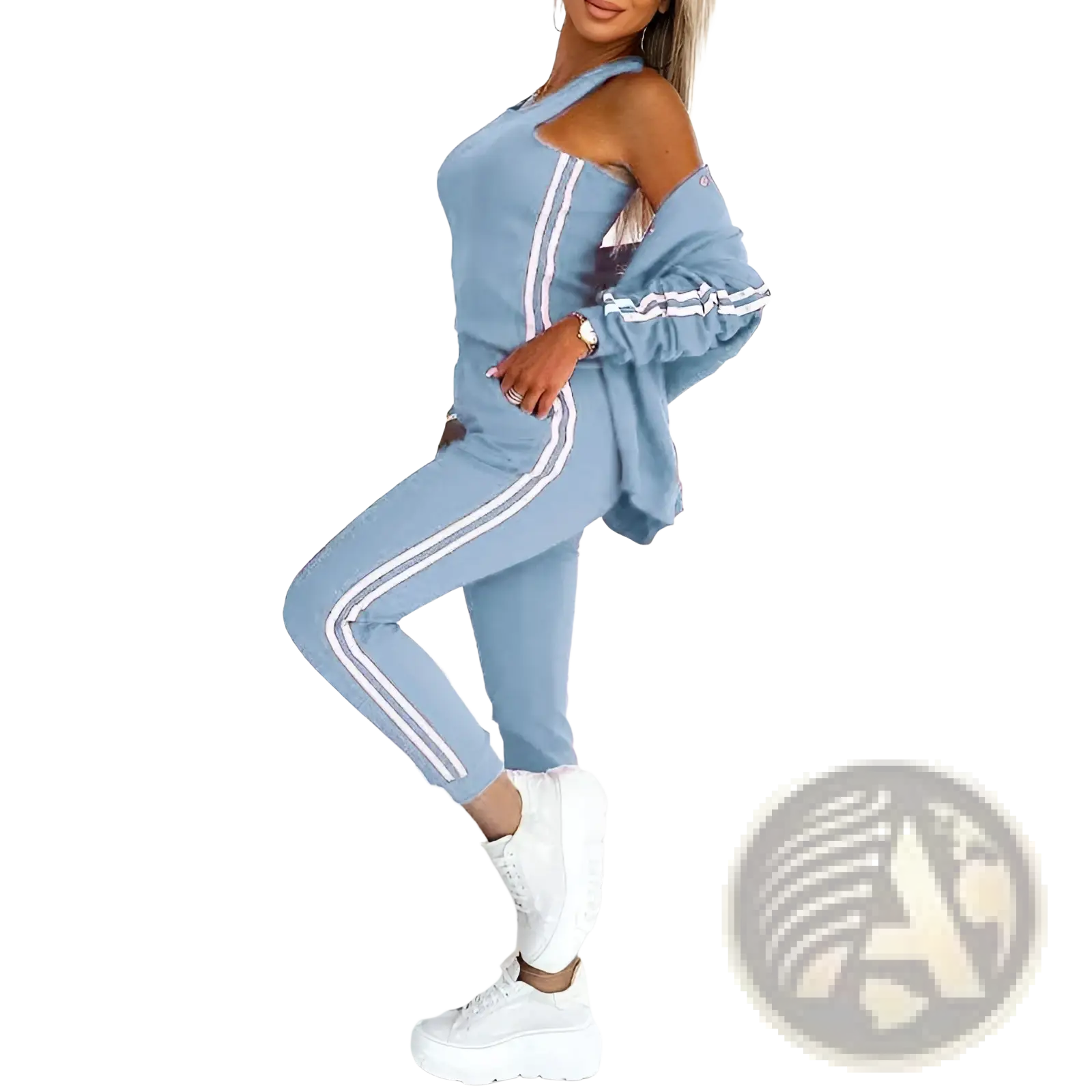 Light blue women’s varsity button up jogger set with white and gray striped side panels in athletic fabric