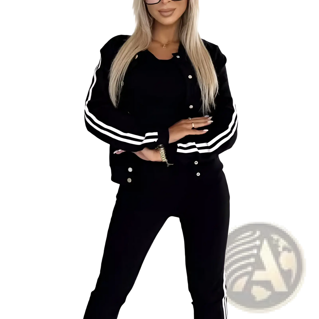 Women’s varsity button up jogger set with black varsity jacket featuring white striped sleeves and silver buttons in relaxed fit