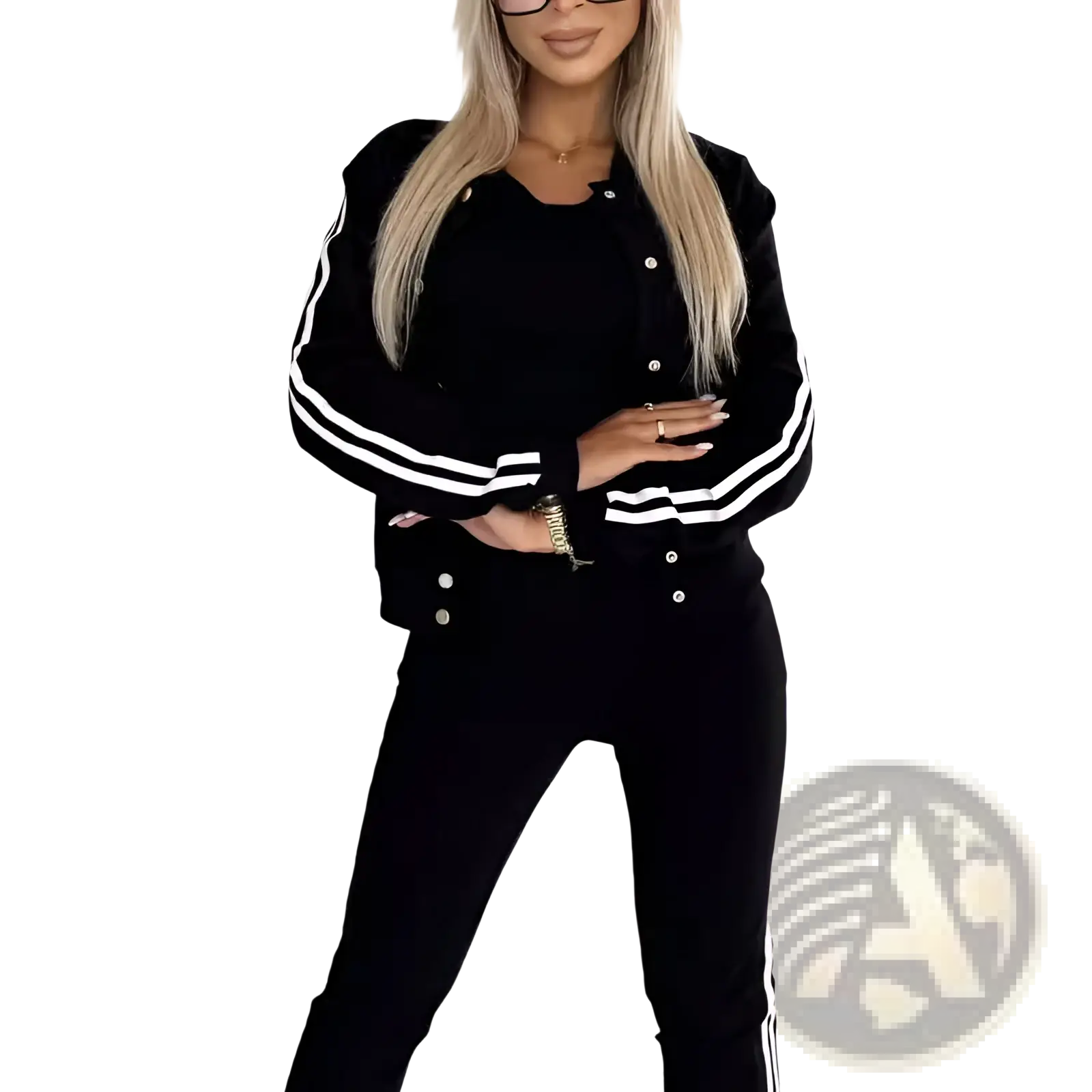 Women’s varsity button up jogger set with black varsity jacket featuring white striped sleeves and silver buttons in relaxed fit
