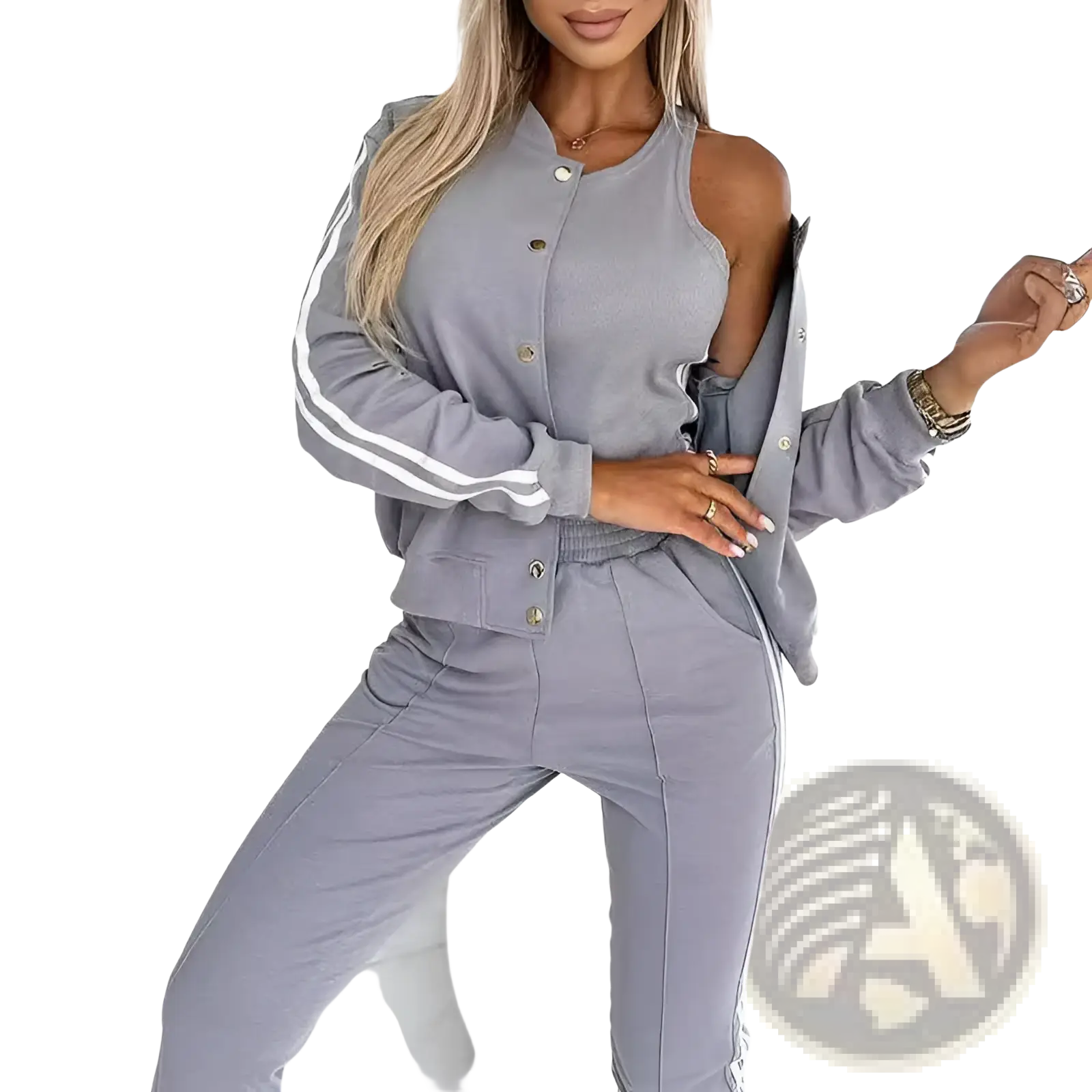 Gray women’s varsity button up jogger set in athletic fabric with white stripe detailing on sleeves and pants
