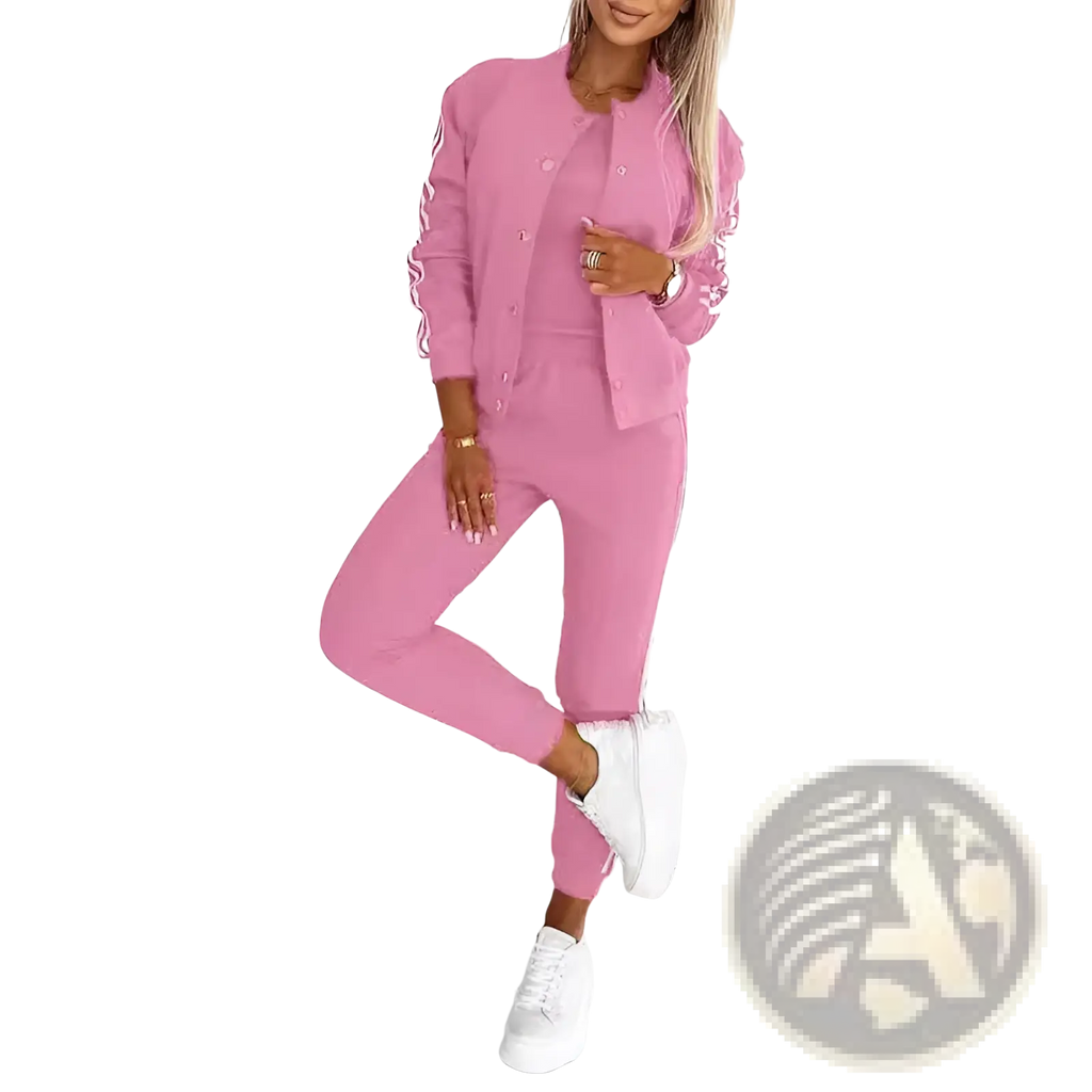 Women’s varsity button up jogger set featuring a pink two-piece design with white striped sleeves and button front closure
