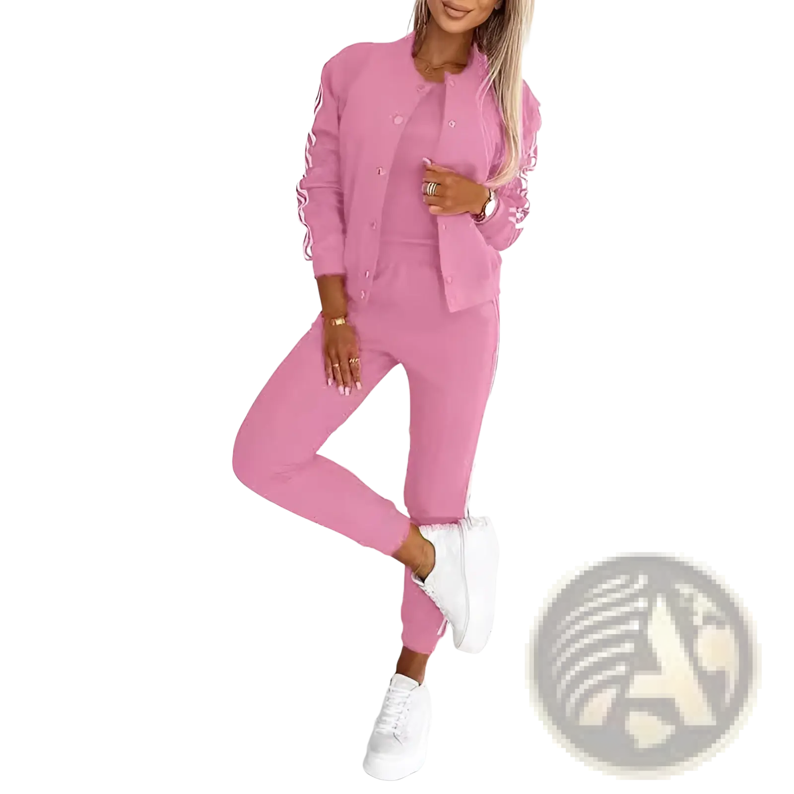 Women’s varsity button up jogger set featuring a pink two-piece design with white striped sleeves and button front closure