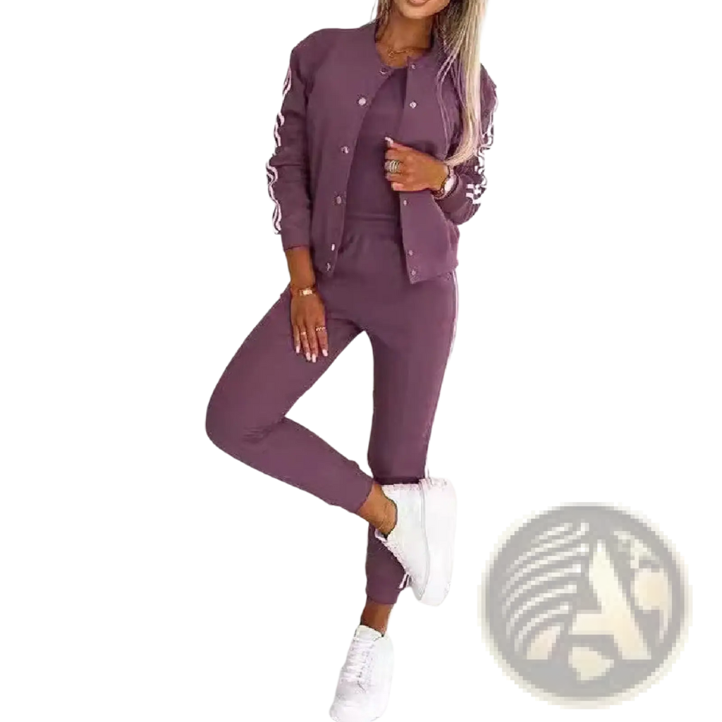 Women’s varsity button up jogger set in purple with white piping and front button closure for casual wear