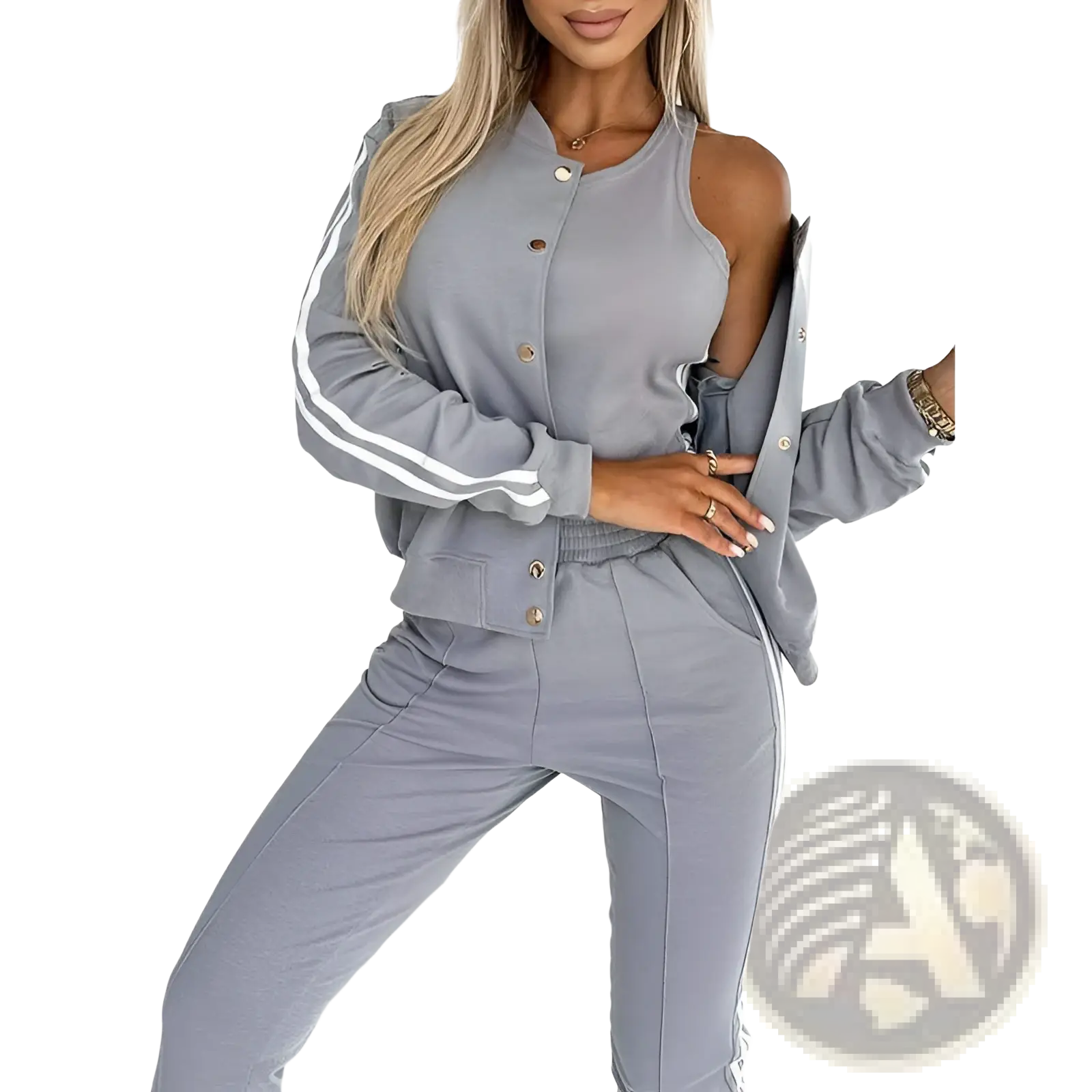 Women’s gray athletic two-piece jogger set with white sleeve stripes and gold-tone varsity button details