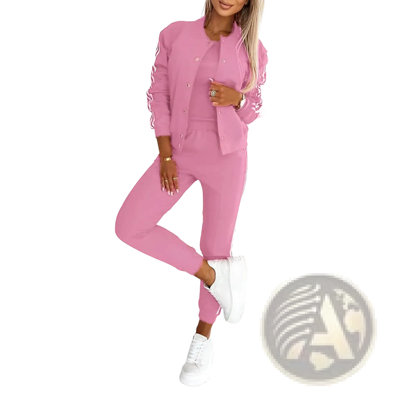 Women’s pink varsity two-piece jogger set with ribbed cuffs and side stripes in a comfortable fabric blend