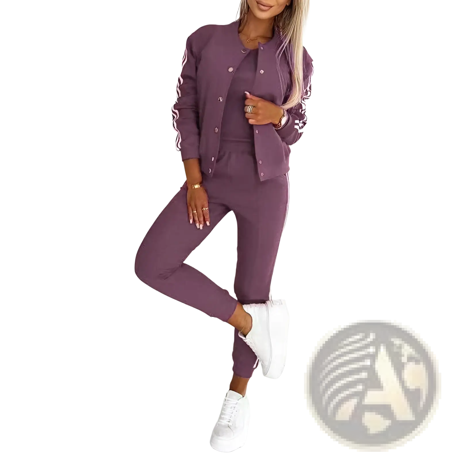 Women’s varsity button up jogger set featuring a purple athletic two-piece with white striped sleeves and matching joggers
