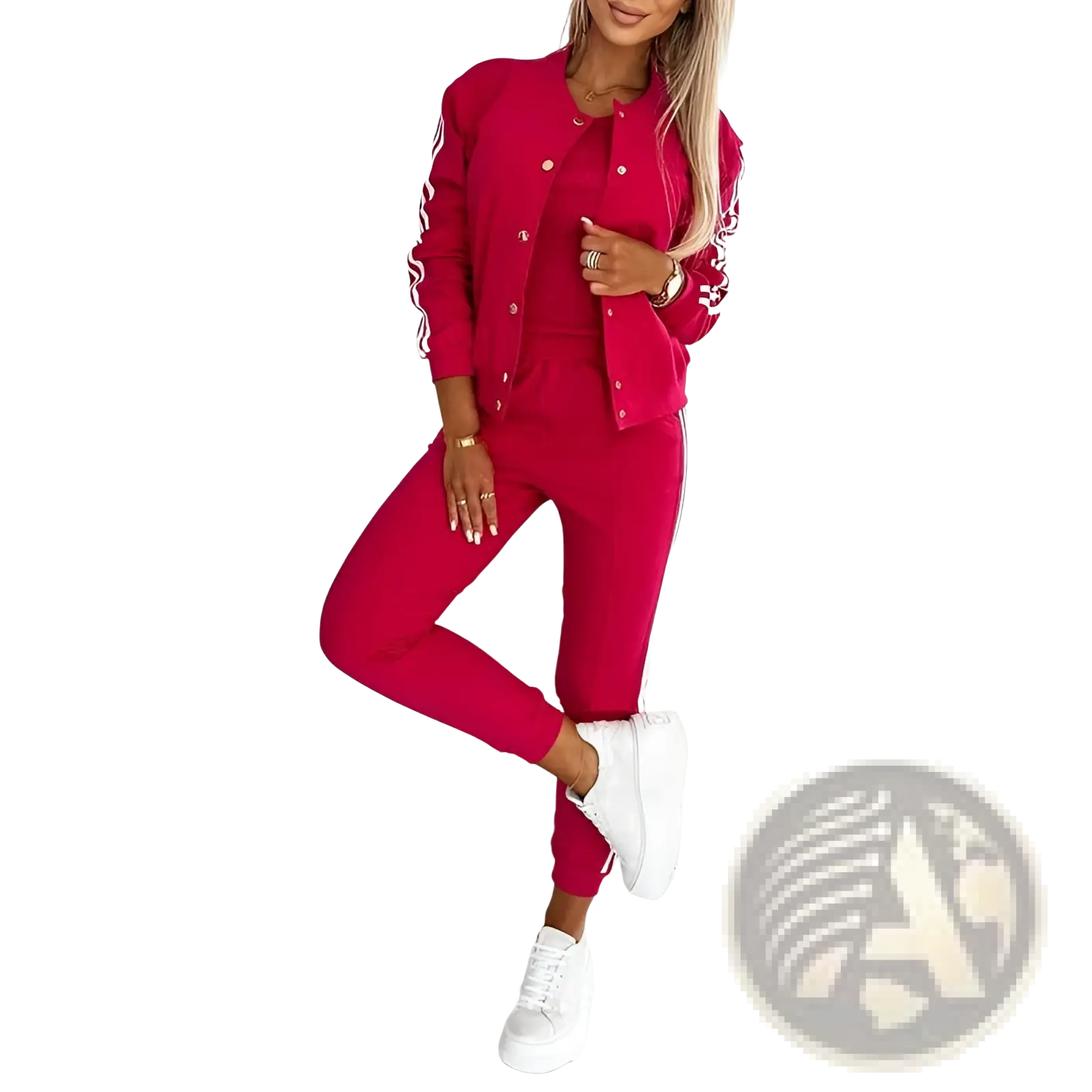 Women’s varsity button up jogger set featuring a vibrant red athletic two-piece with white embroidered stripes