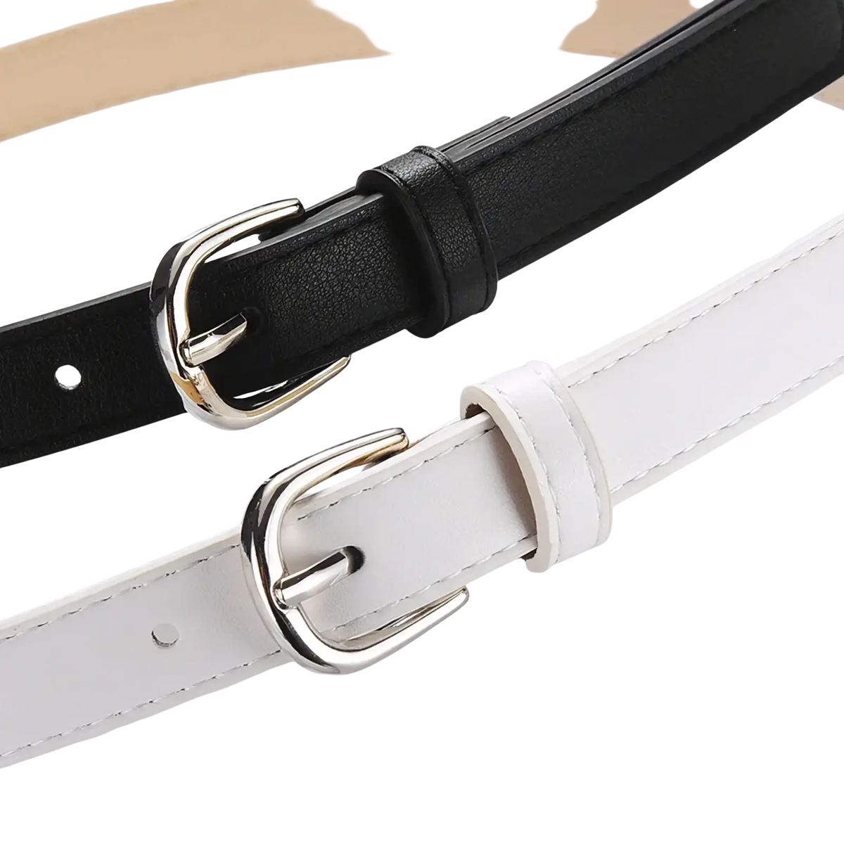 Women’s versatile slim leather belt set featuring black and white leather belts with silver toned buckles