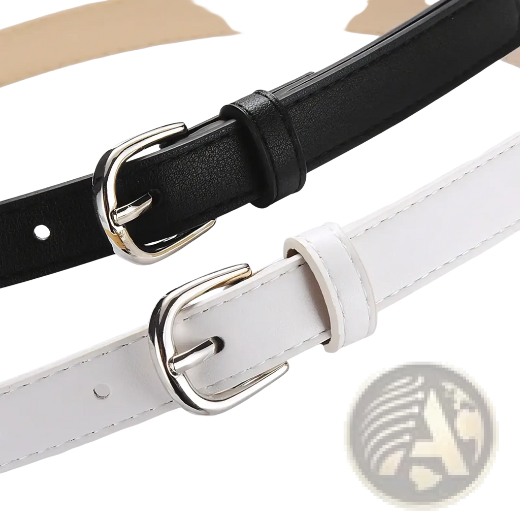 Women’s versatile slim leather belt set featuring black and white leather belts with silver toned buckles