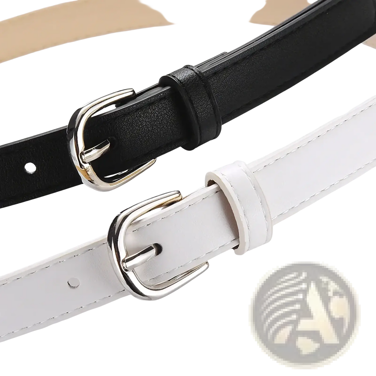 Women’s versatile slim leather belt set featuring black and white leather belts with silver toned buckles