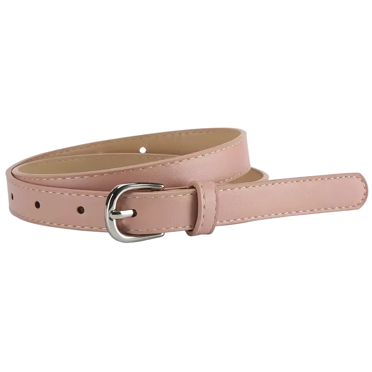 A delicate pink women’s slim leather belt set with silver-toned buckle and matching stitching