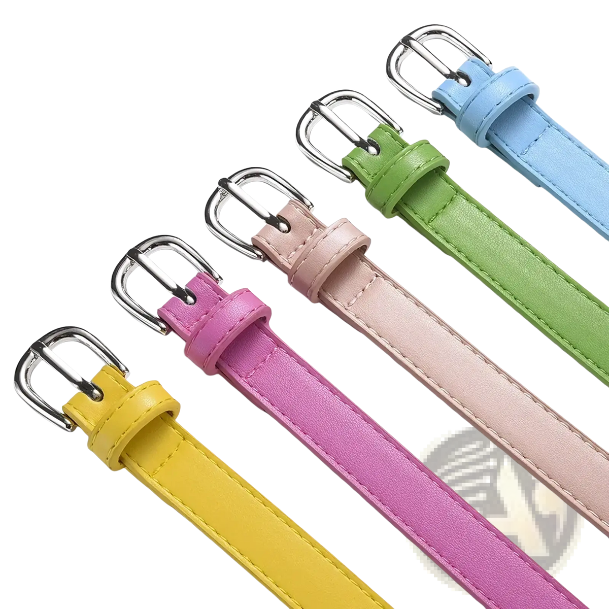 Women’s versatile slim leather belt set with four colorful slender belts in yellow pink beige and light blue with silver buckles