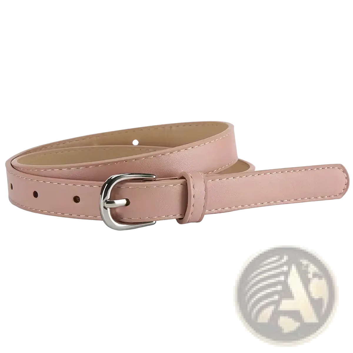 A delicate pink women’s slim leather belt set with silver-toned buckle and matching stitching