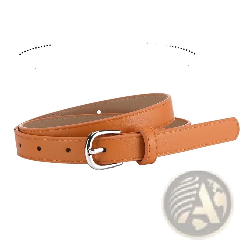 Women’s versatile slim tan leather belt set featuring a silver-toned buckle and precise stitching for a polished look