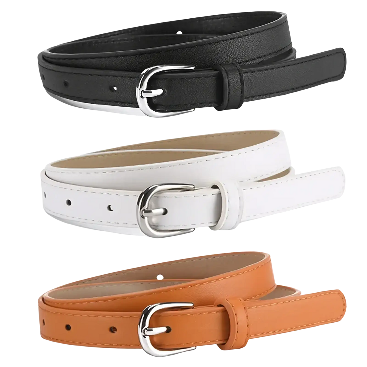 Set of three versatile slim leather belts in black white and tan with silver-toned buckles for women