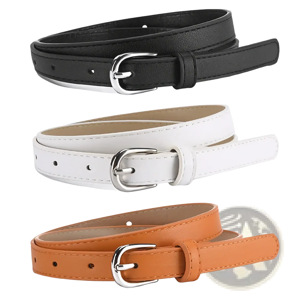 Set of three women’s versatile slim leather belts in black white and tan with silver toned buckles