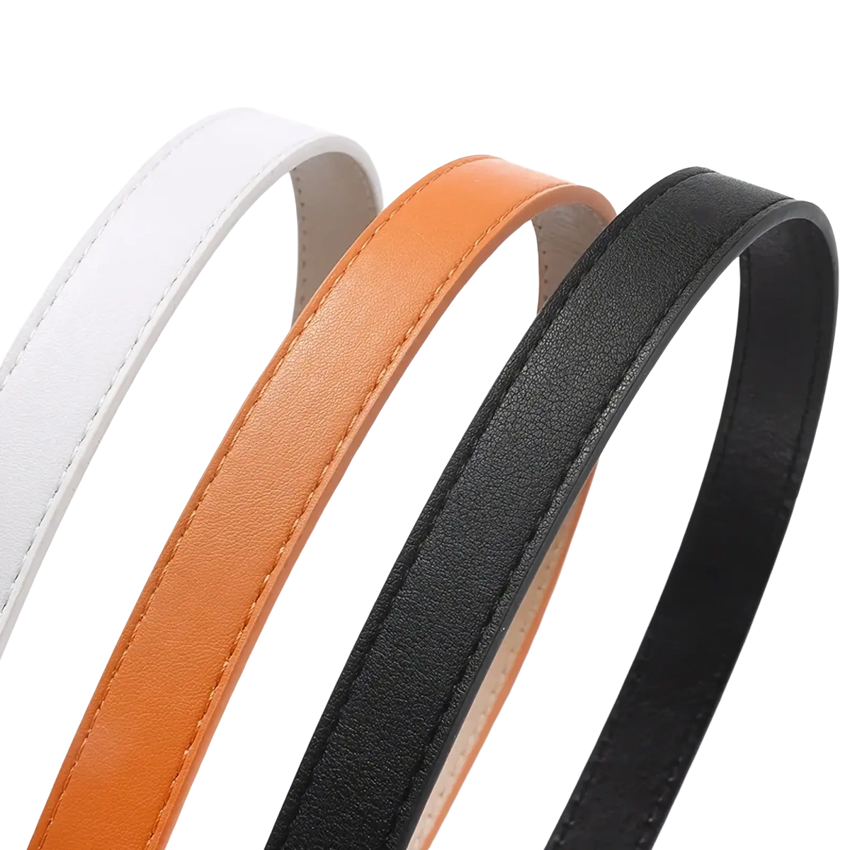 Women’s versatile slim leather belt set featuring three slender straps in white tan and black against a clean background