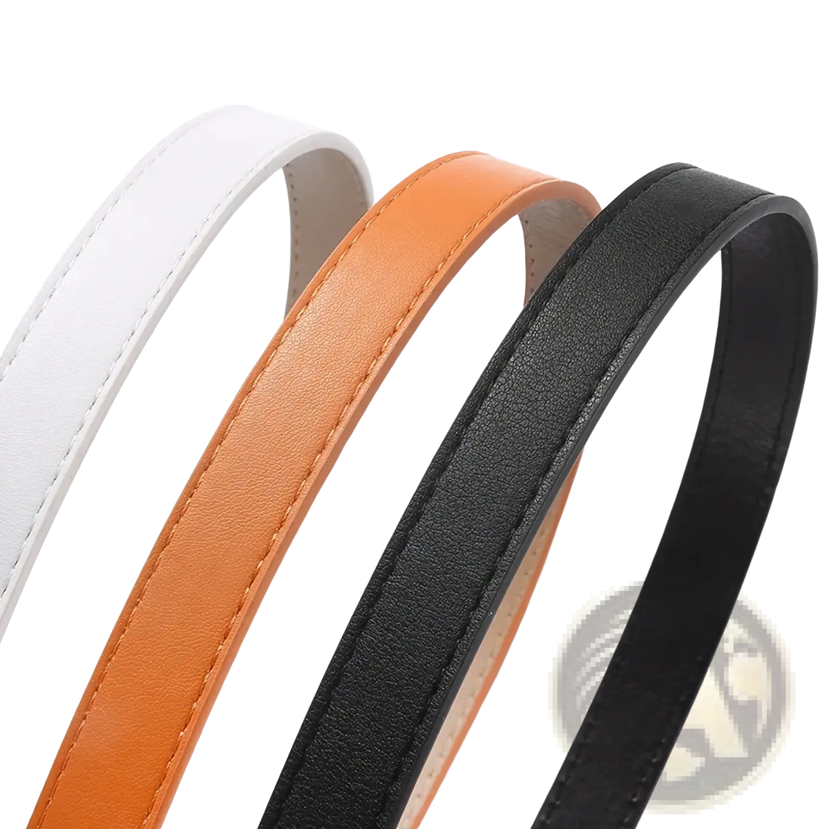 Women’s versatile slim leather belt set featuring three slender straps in white tan and black against a clean background