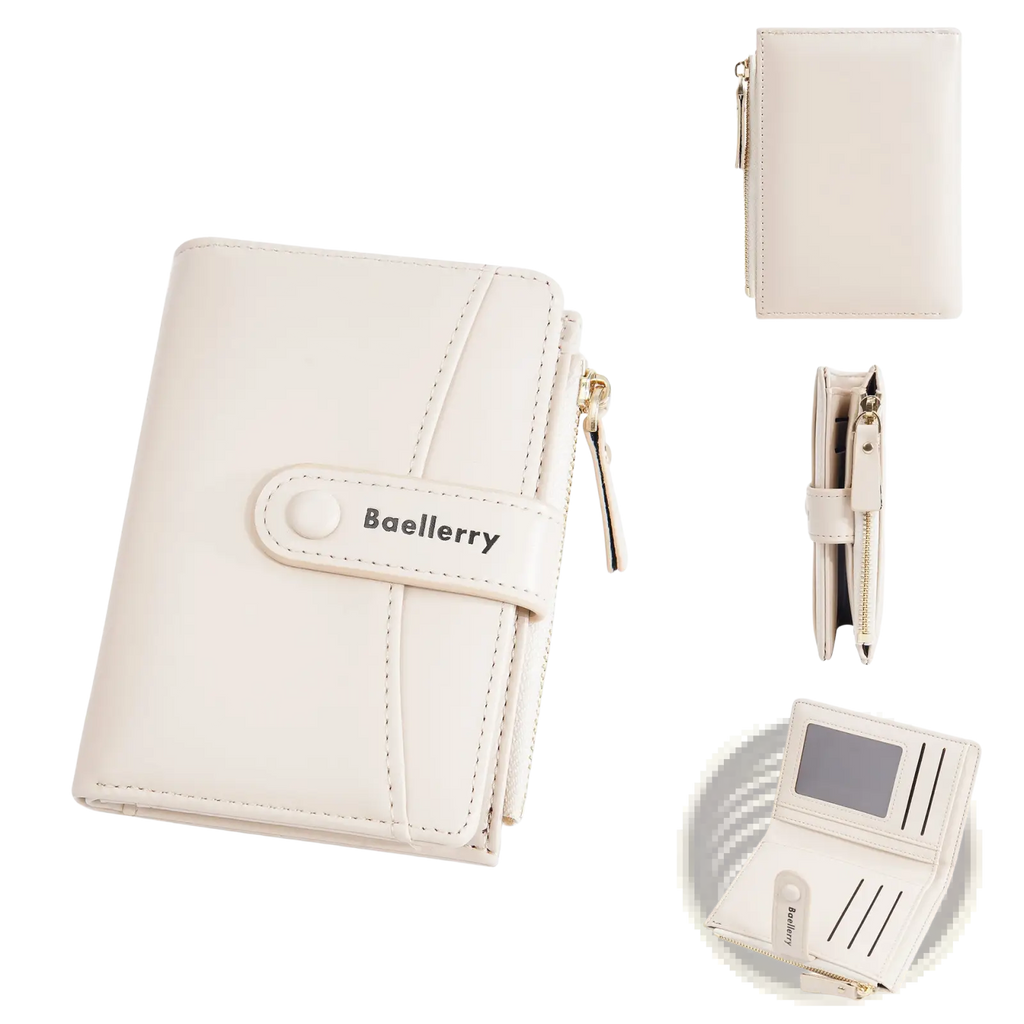 Cream-colored baellerry women’s wallet made of pu leather featuring a sleek minimalist design with gold zipper accents