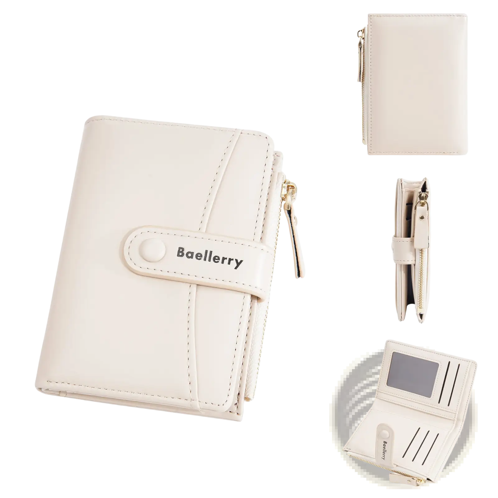 Cream-colored baellerry women’s wallet made of pu leather featuring a sleek minimalist design with gold zipper accents