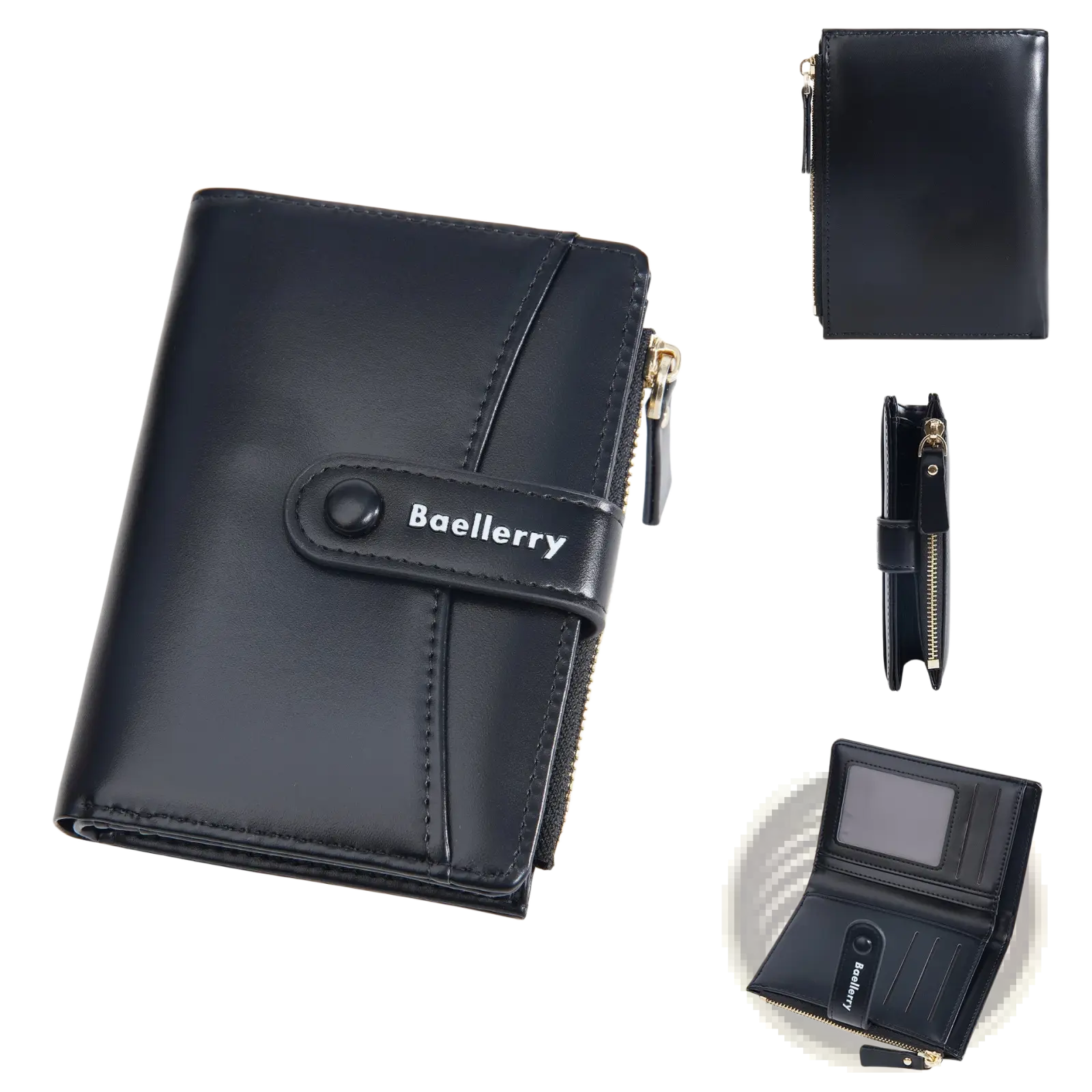 Black baellerry women’s wallet made of pu leather with a sleek minimalist design and gold-toned zipper accents
