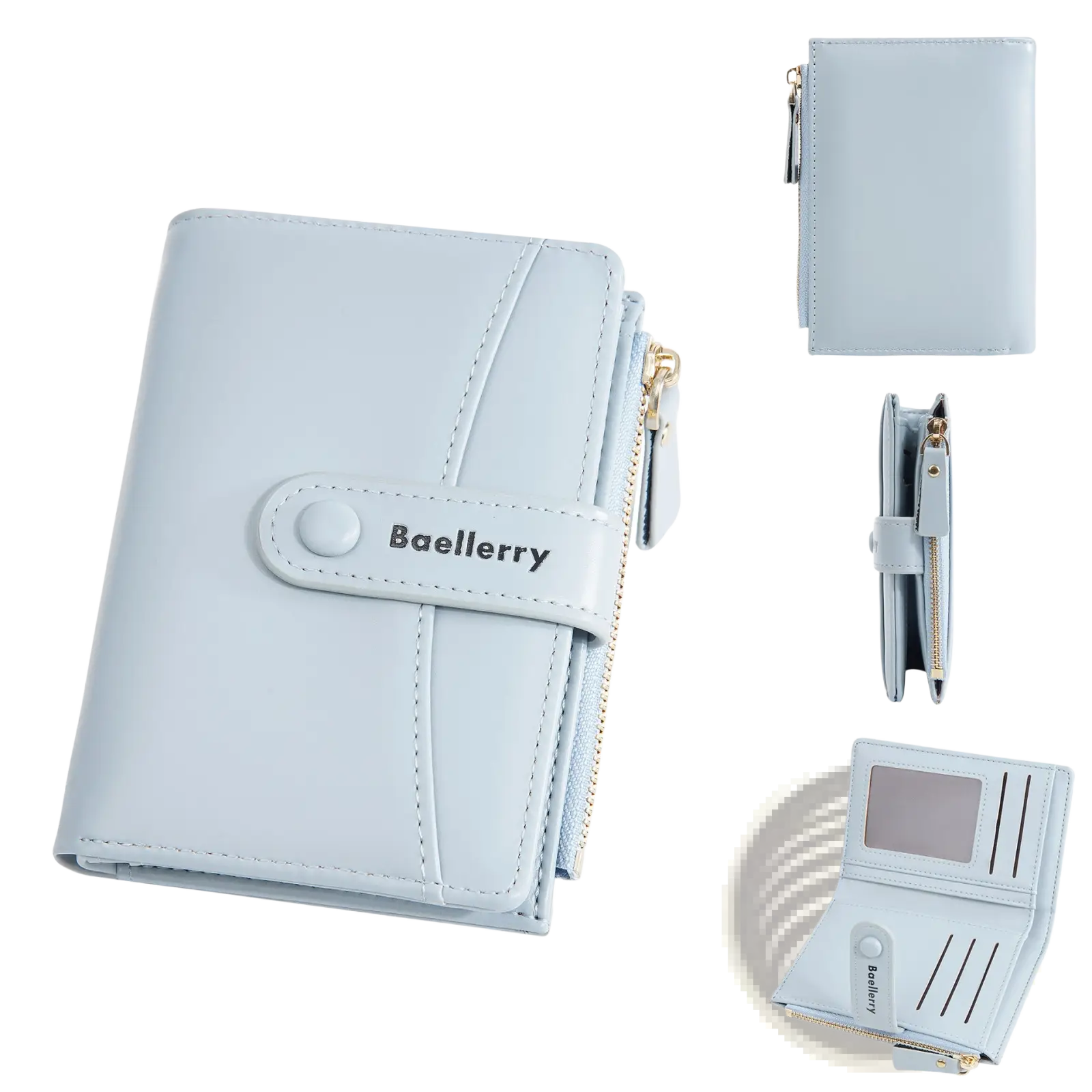 Light blue baellerry pu leather women’s wallet with zipper closure and stitched detailing for daily use