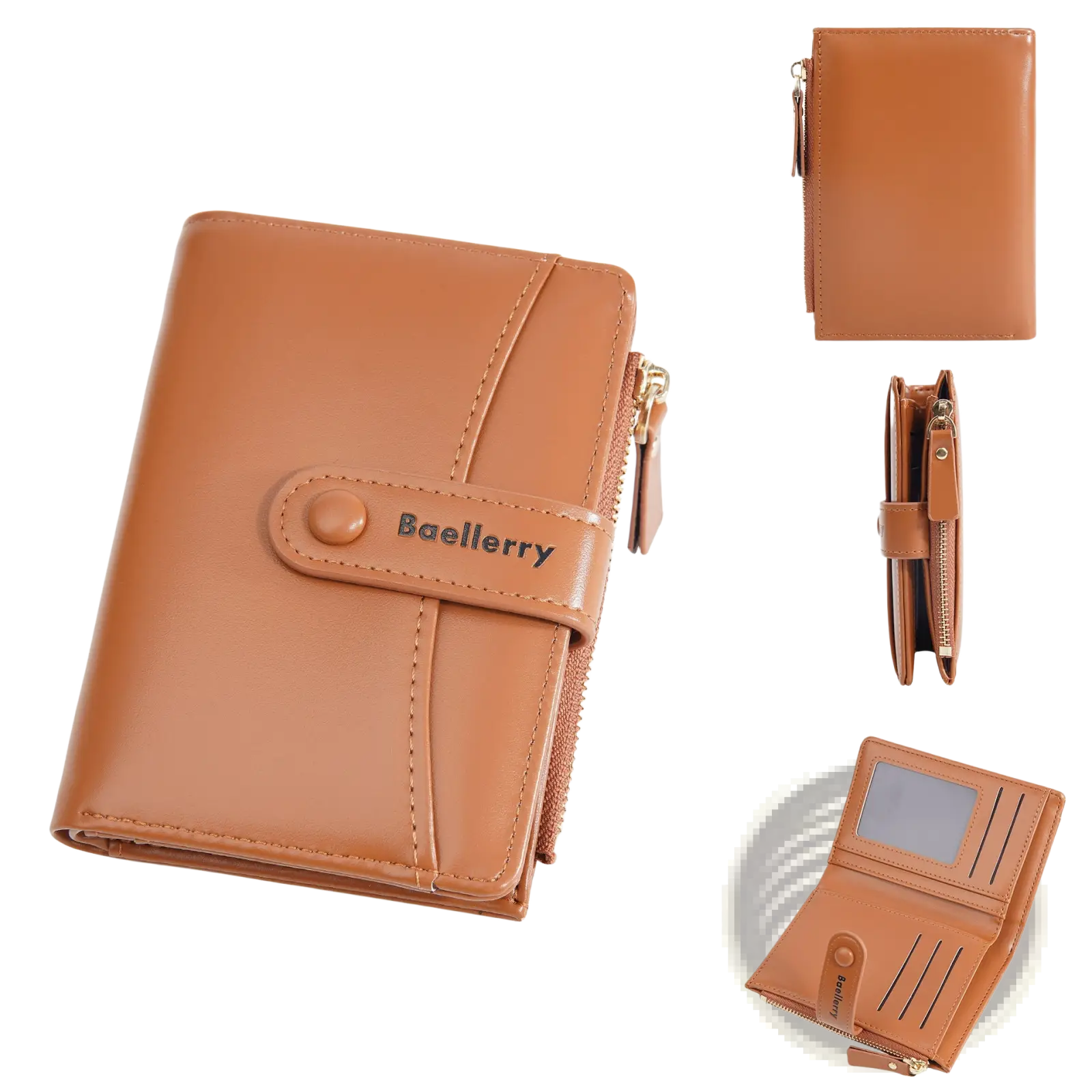 Tan Baellerry women wallet made of PU leather with zipper closure and button strap for secure storage
