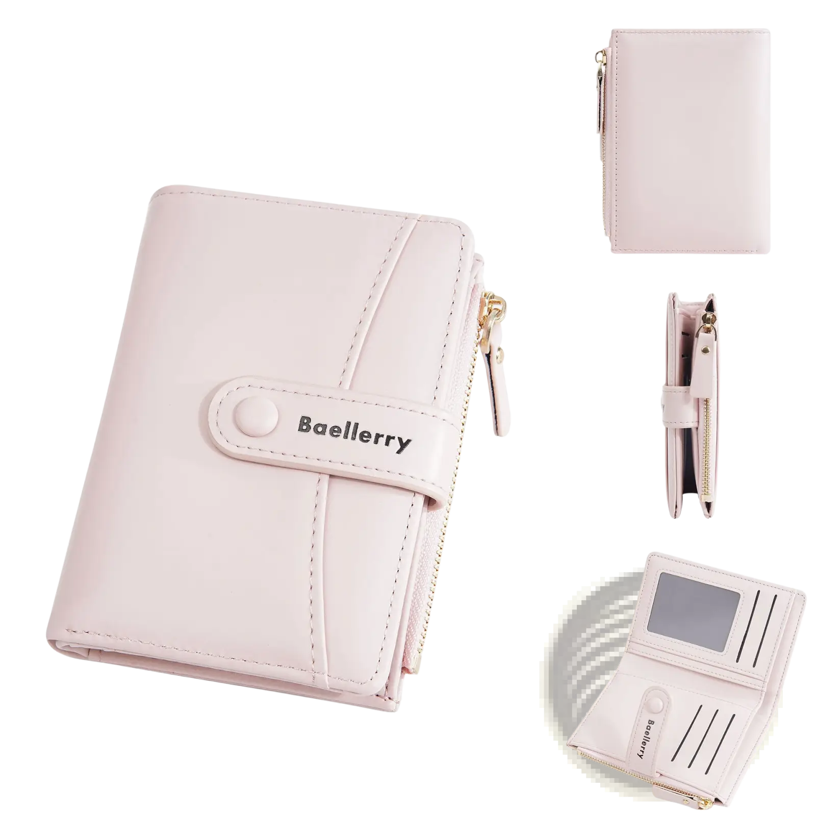 A pale pink baellerry pu leather women’s wallet with a sleek minimalist design zipper closure and branded strap