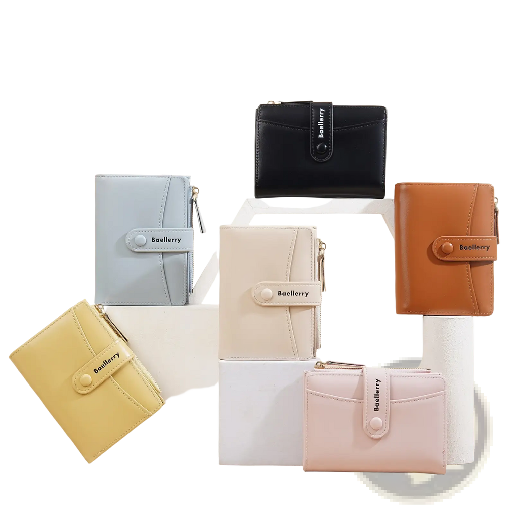 A collection of baellerry womens pu leather short purses in pastel and neutral tones with minimalist snap-button design
