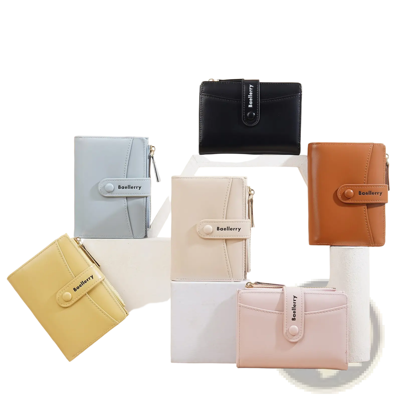 A collection of baellerry womens pu leather short purses in pastel and neutral tones with minimalist snap-button design
