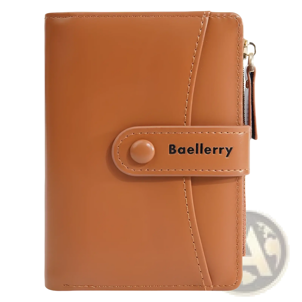 Tan leather women’s wallet baellerry with zipper closure and branded strap short purse for daily use