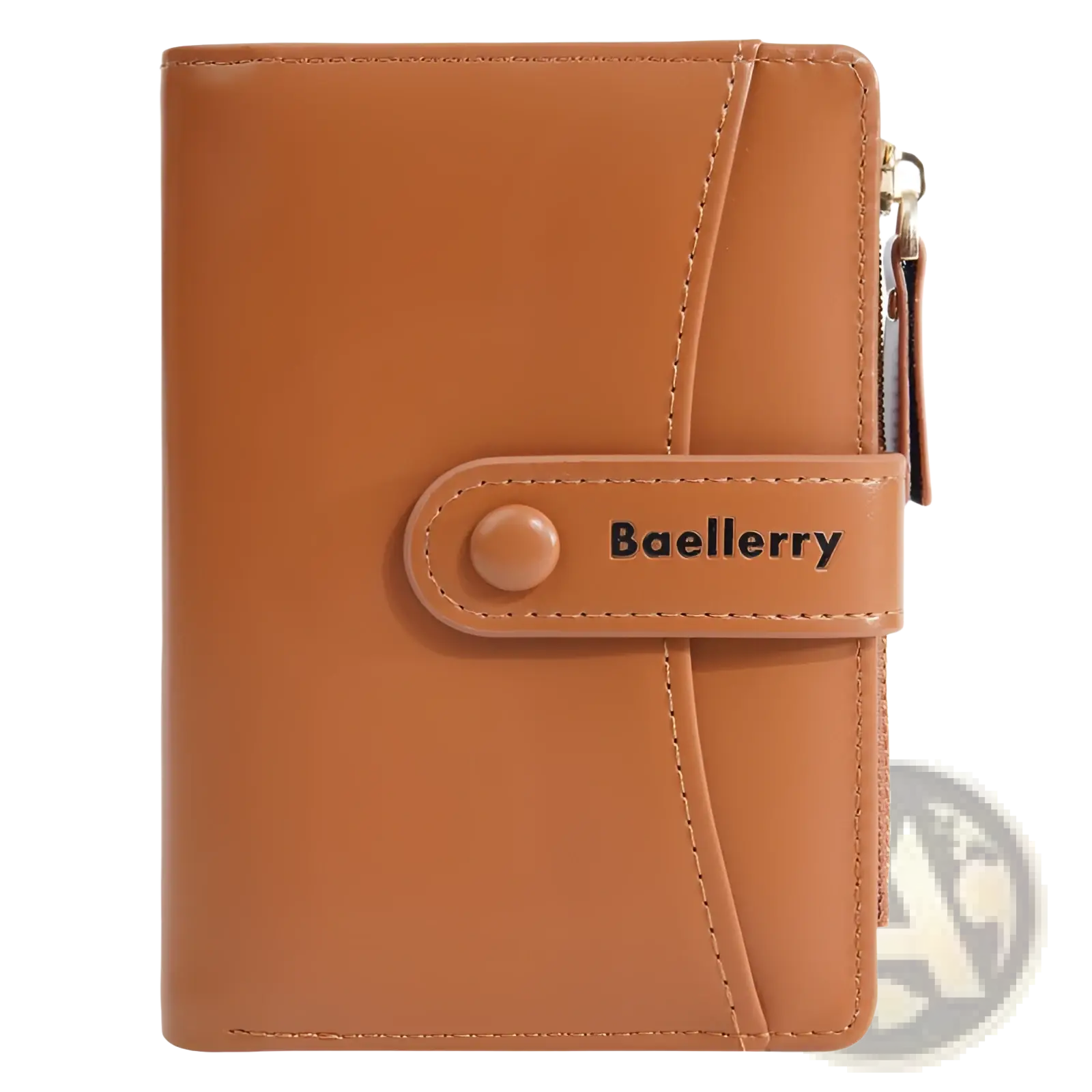 Tan leather women’s wallet baellerry with zipper closure and branded strap short purse for daily use