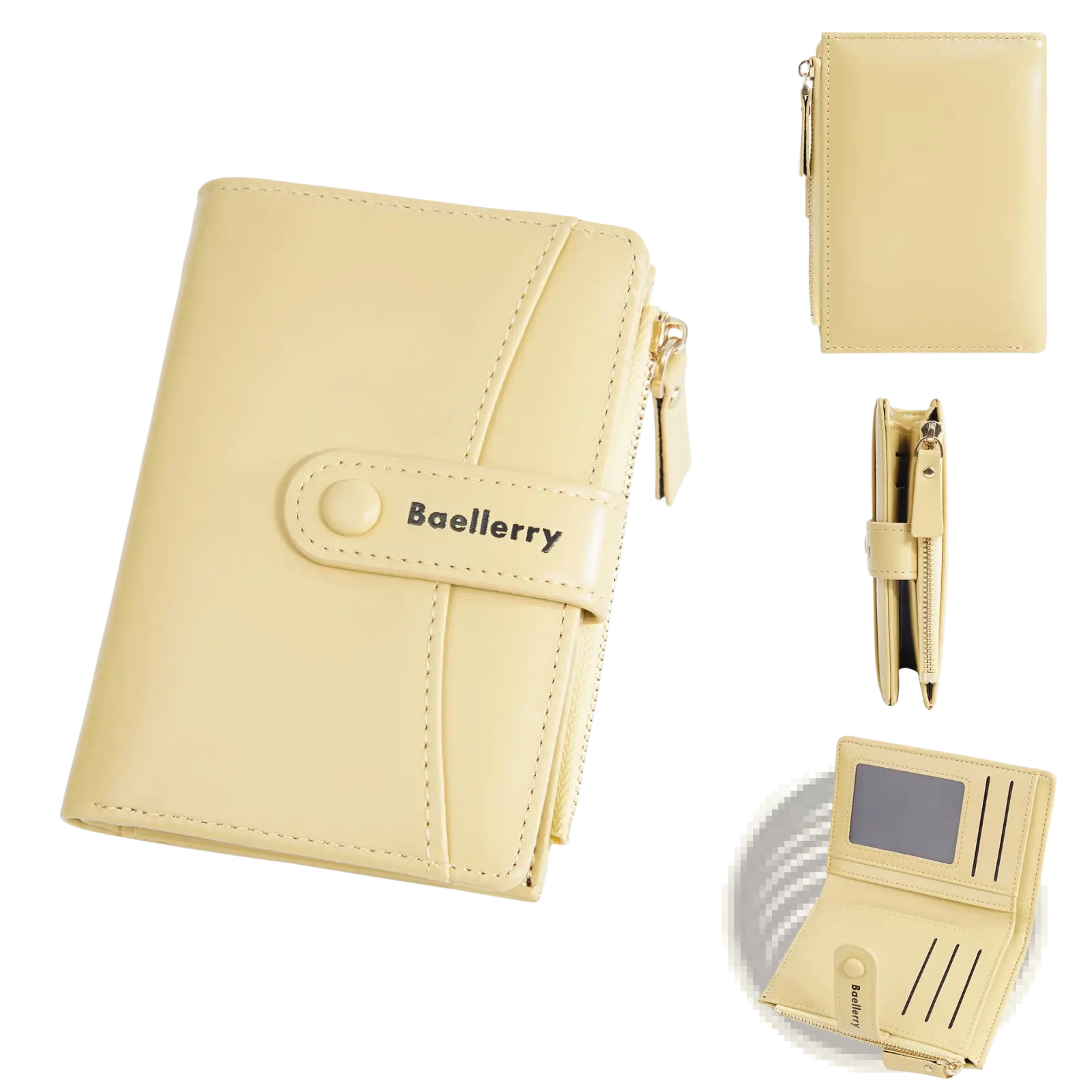 Beige baellerry pu leather women’s wallet with zipper closure and stitched detailing short purse