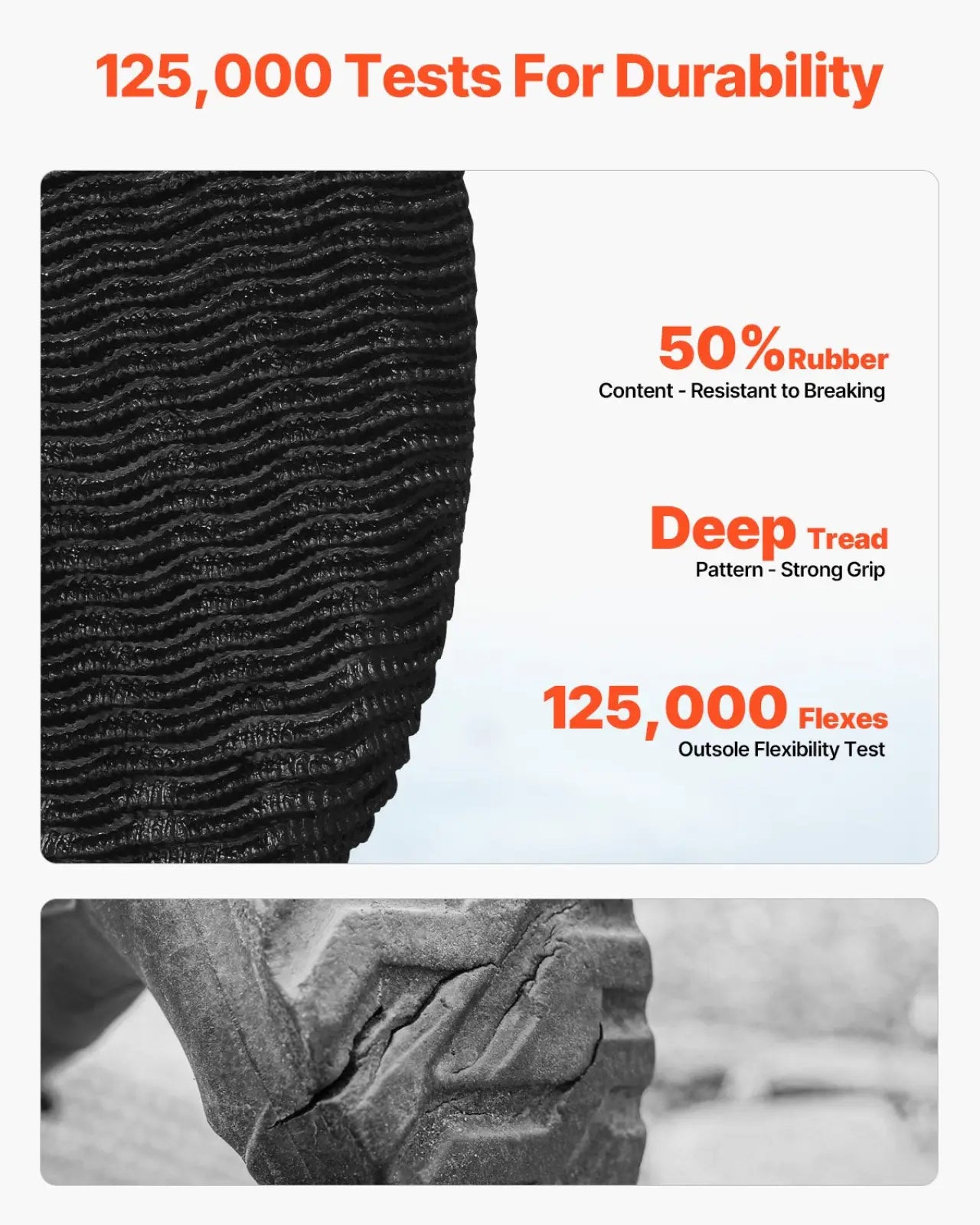 Black rubber tire with deep tread pattern on women’s waterproof insulated deck fishing boots