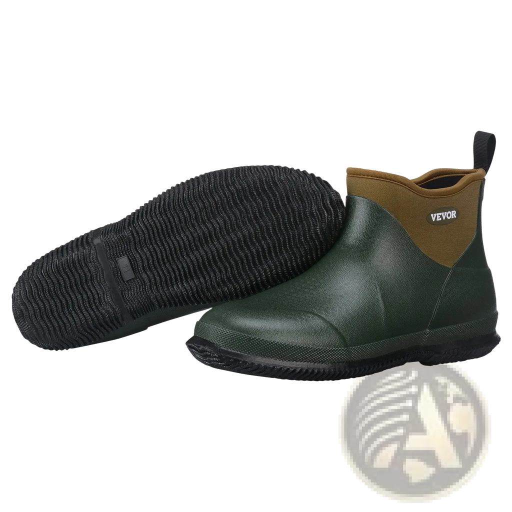 Dark green insulated waterproof deck boot with tan collar black sole and Vevor logo for women fishing shoes