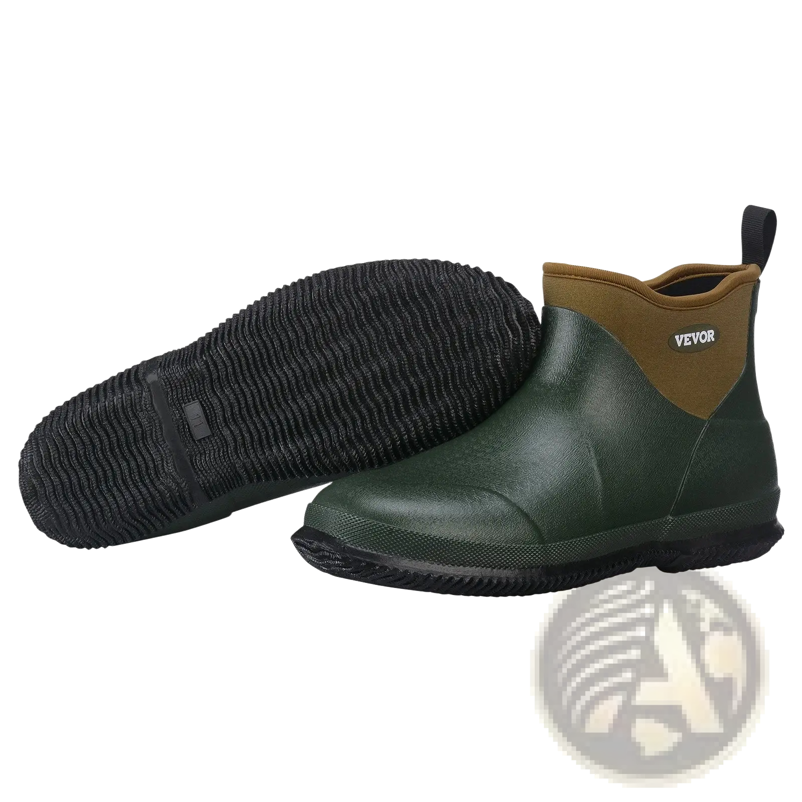 Dark green insulated waterproof deck boot with tan collar black sole and Vevor logo for women fishing shoes
