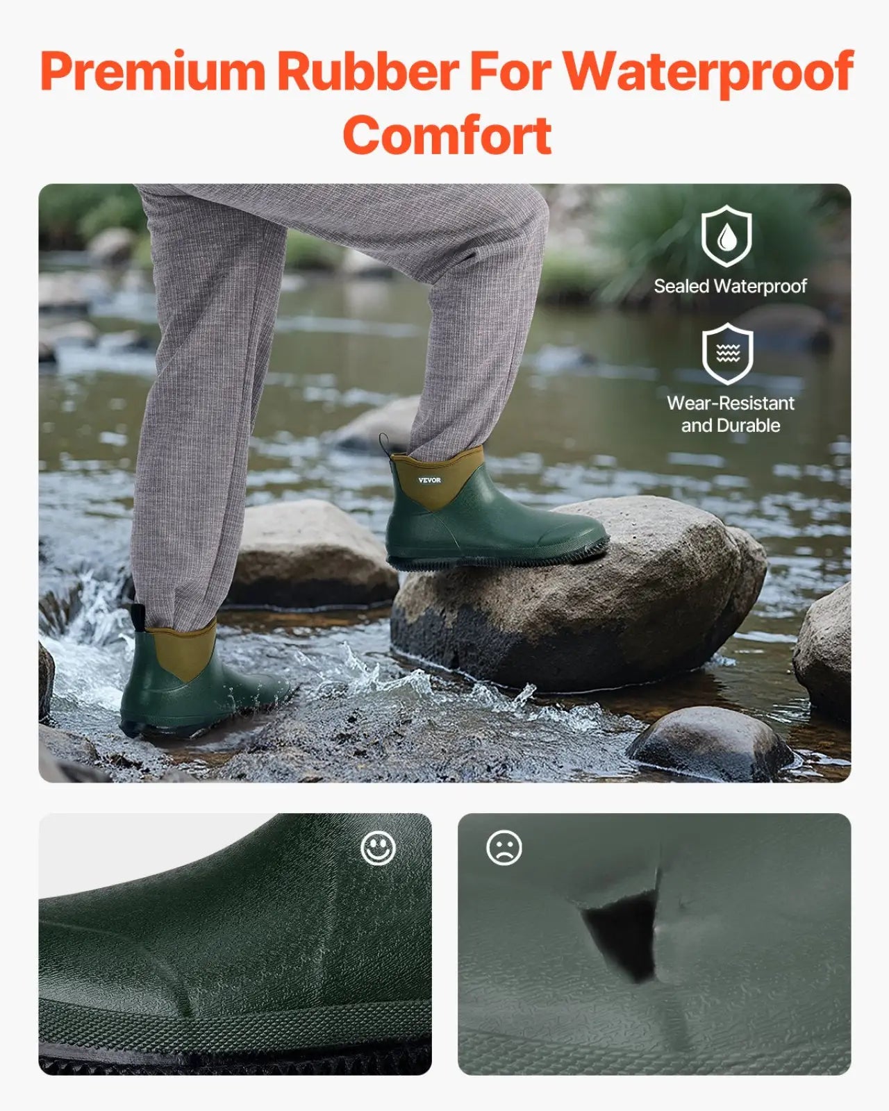Dark green waterproof rubber women’s deck boot with yellowish green lining and sole insulated for fishing use
