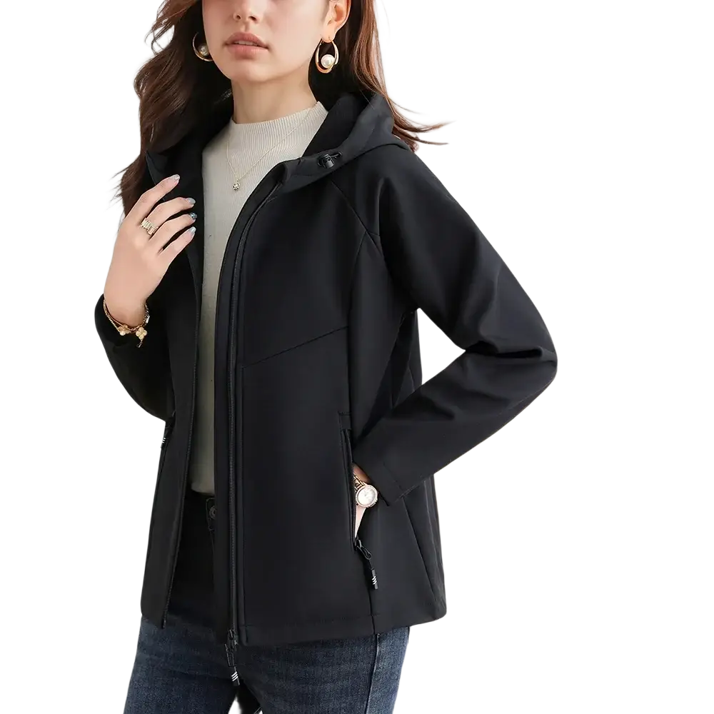 Black waterproof fleece women’s outdoor hiking jacket with hood and front zipper for all weather conditions