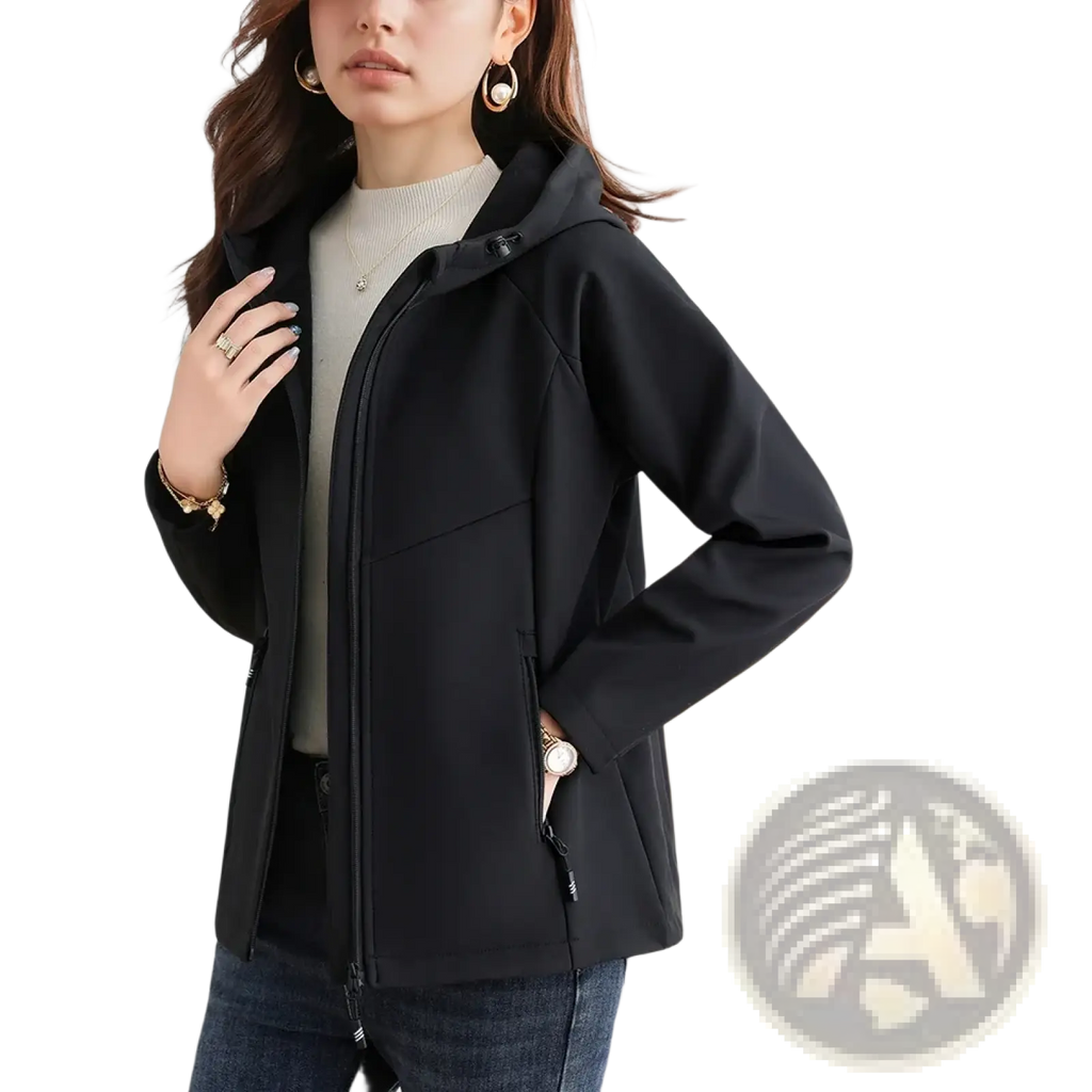 Black waterproof fleece women’s outdoor hiking jacket with hood and front zipper for all weather conditions
