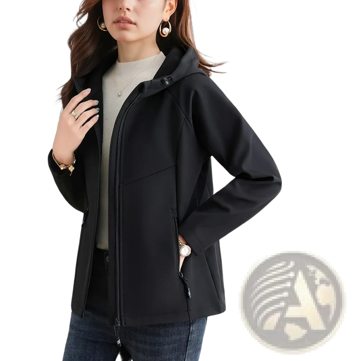 Black waterproof fleece women’s outdoor hiking jacket with hood and front zipper for all weather conditions