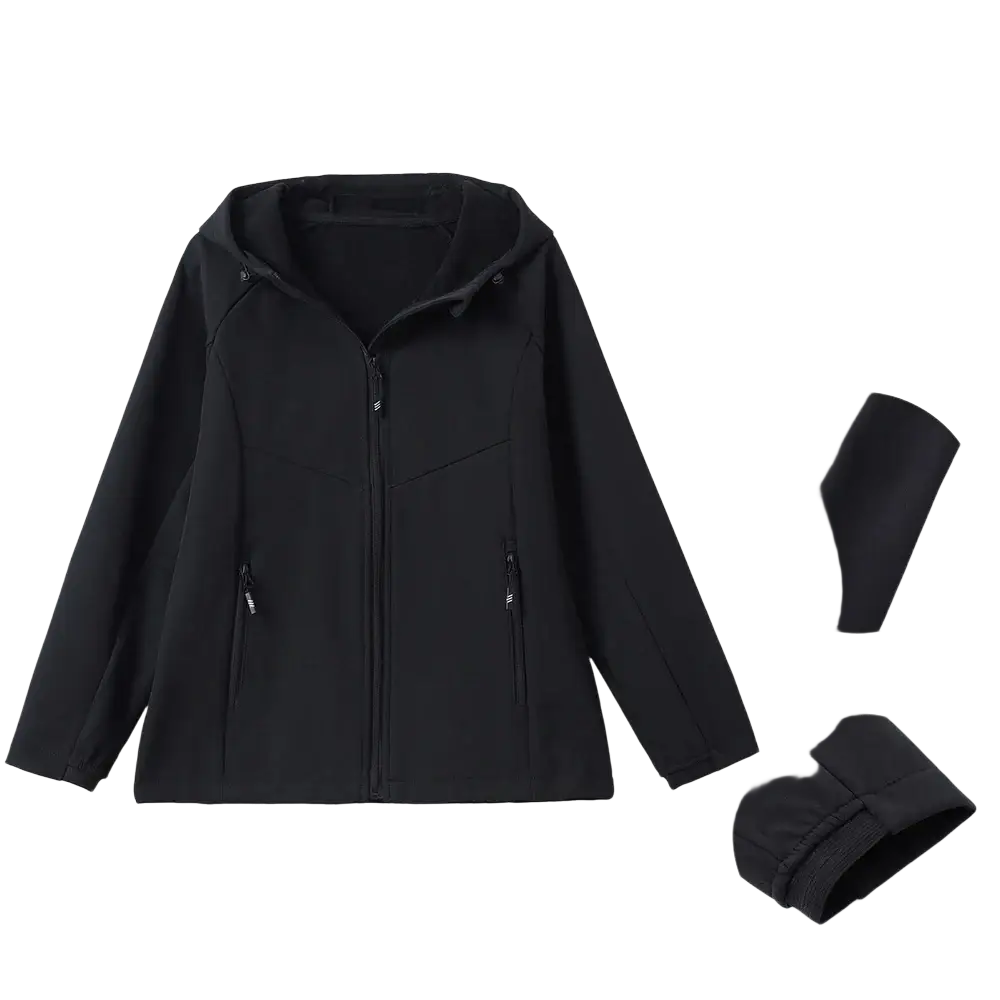 Black softshell women’s waterproof fleece hiking jacket with adjustable hood zippered pockets and elastic cuffs