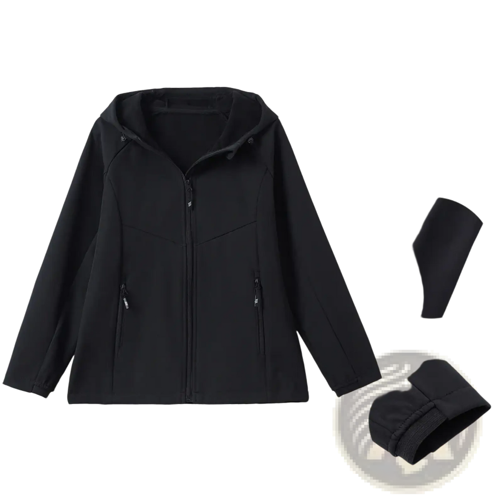 Black softshell women’s waterproof fleece hiking jacket with adjustable hood zippered pockets and elastic cuffs