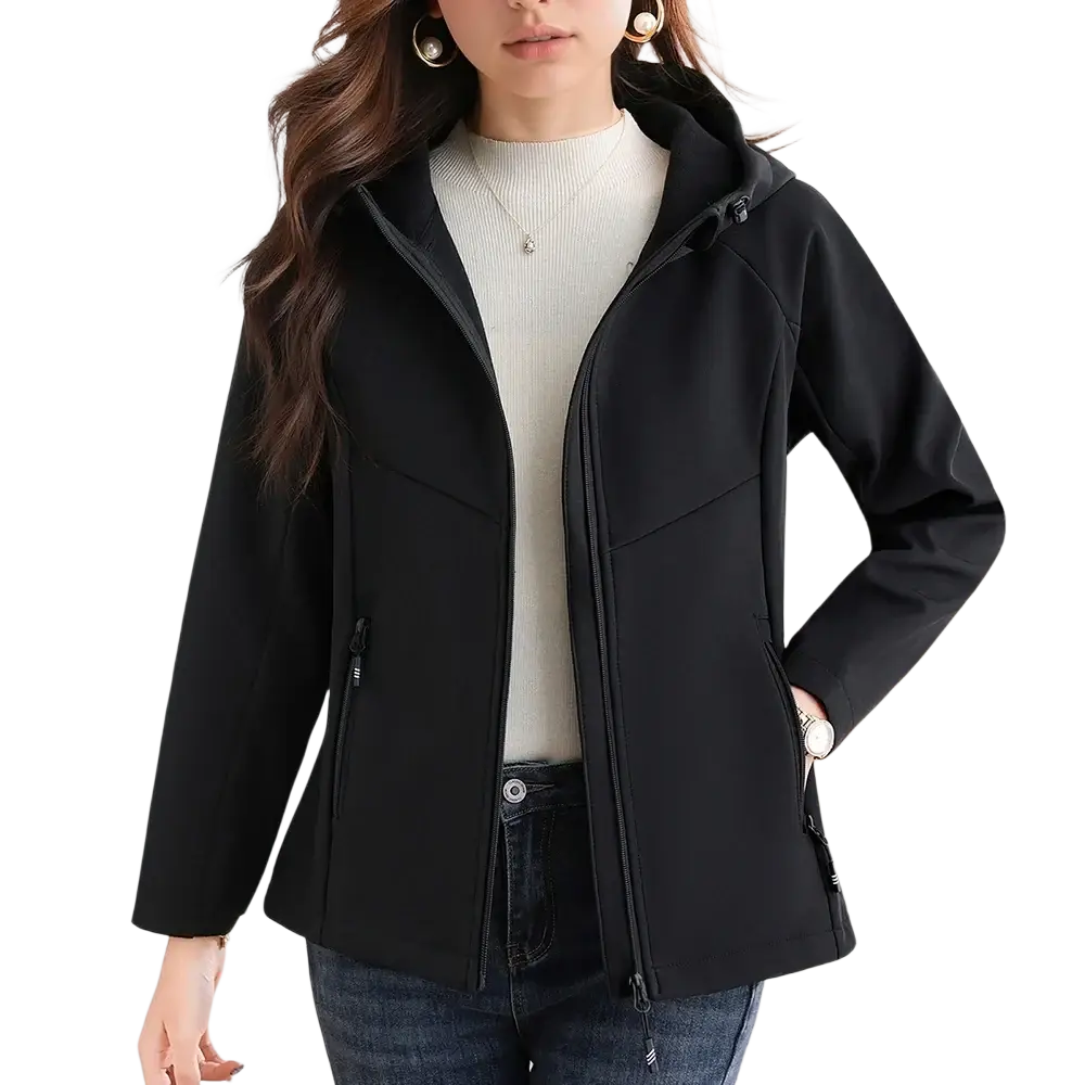 Women’s black waterproof fleece hiking jacket with softshell hood and zippered pockets featuring a modern design