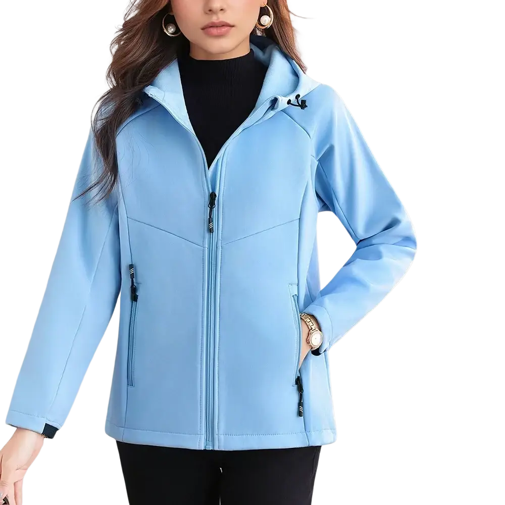 Women’s light blue waterproof fleece hiking jacket with hood zipper closure and side pockets made of soft shell material