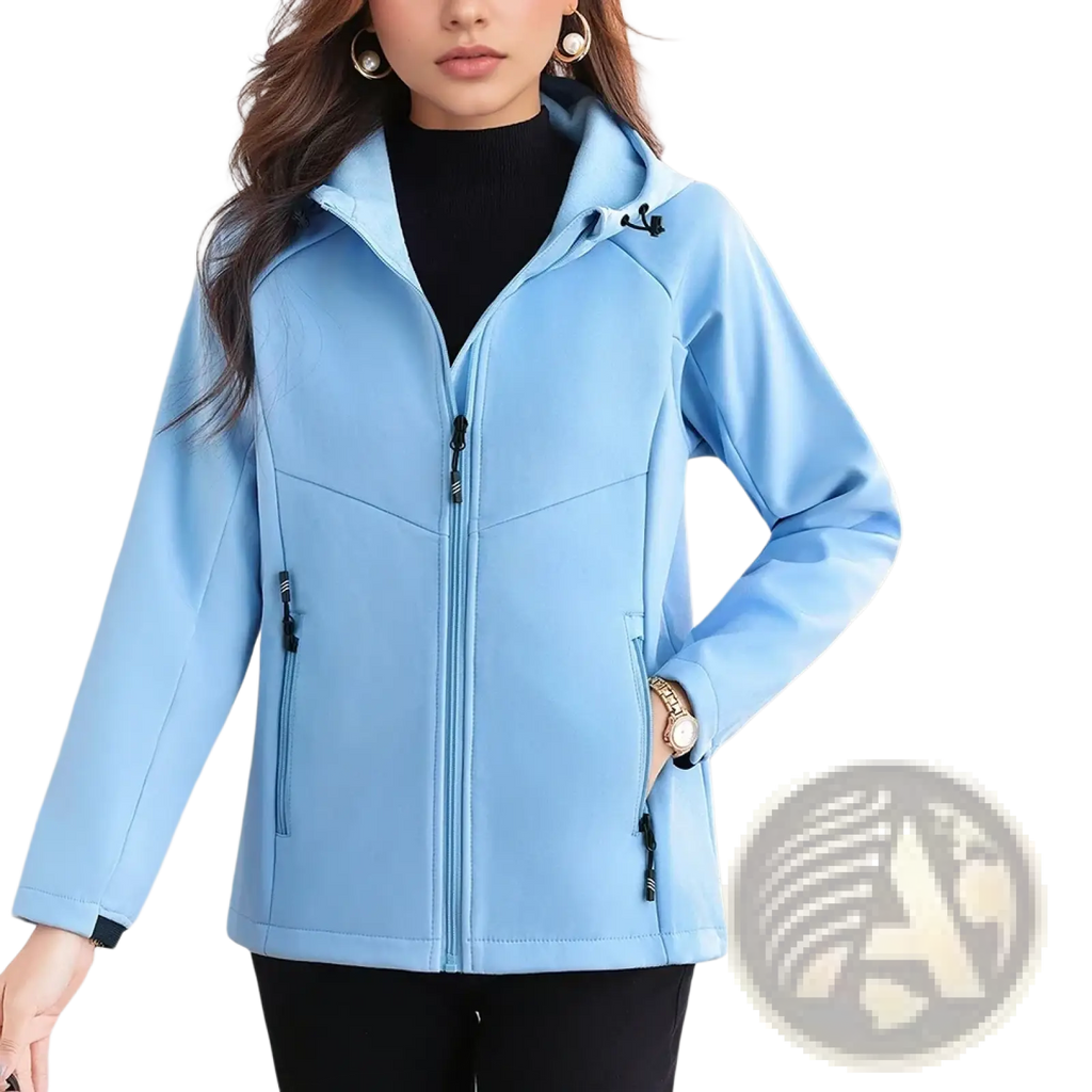 Women’s light blue waterproof fleece hiking jacket with hood zipper closure and side pockets made of soft shell material
