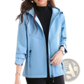 Light blue waterproof fleece hiking jacket for women with hood and zippered pockets in soft shell material