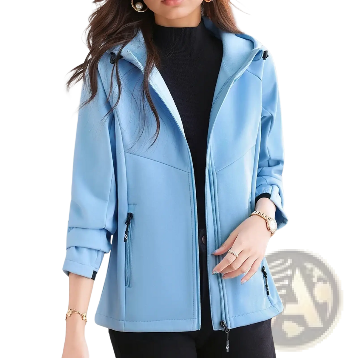Light blue waterproof fleece hiking jacket for women with hood and zippered pockets in soft shell material