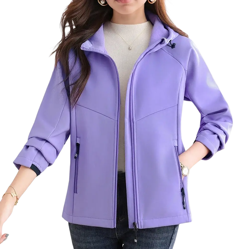 Women’s waterproof fleece hiking jacket in soft lavender with lightweight hood full-length zipper and two side pockets